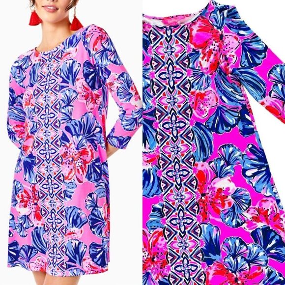 Lilly Pulitzer Ophelia‎ Plumeria Pink in Hollidaze Knit Swing Dress XS Colorful - Picture 1 of 11